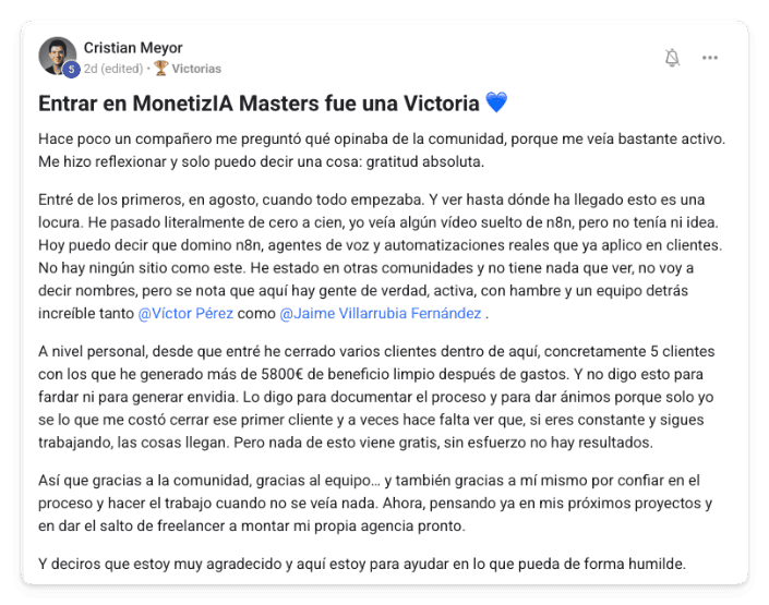 Victoria de un alumno de MonetizIA Masters #040